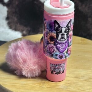 Pink Boston Terrier Tumbler with Pom Pom